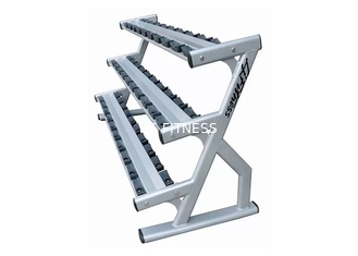 15 pares del Barbell tres de la grada de la pesa de gimnasia del peso del estante del negro de acero de la plata