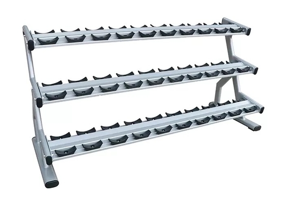 15 pares del Barbell tres de la grada de la pesa de gimnasia del peso del estante del negro de acero de la plata