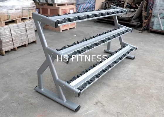 15 pares del Barbell tres de la grada de la pesa de gimnasia del peso del estante del negro de acero de la plata
